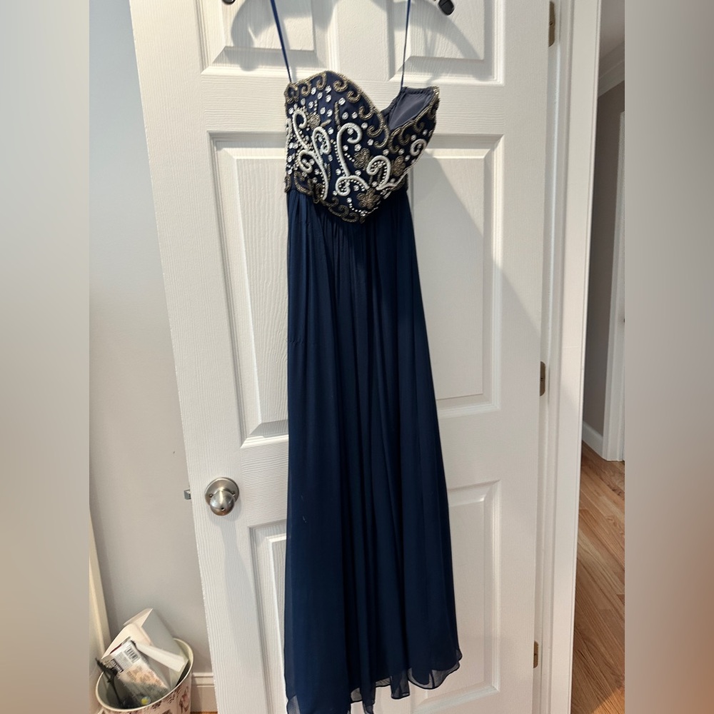 Elegant Navy Blue prom Gown with Silver Embellishments